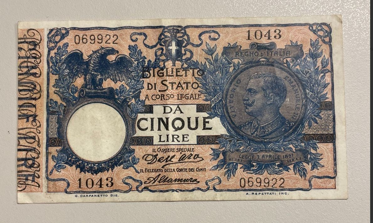 NL* VEIII BIGLIETTO DI STATO da 5 LIRE FLOREALE 21 GENNAIO 1911 RARA molto bella