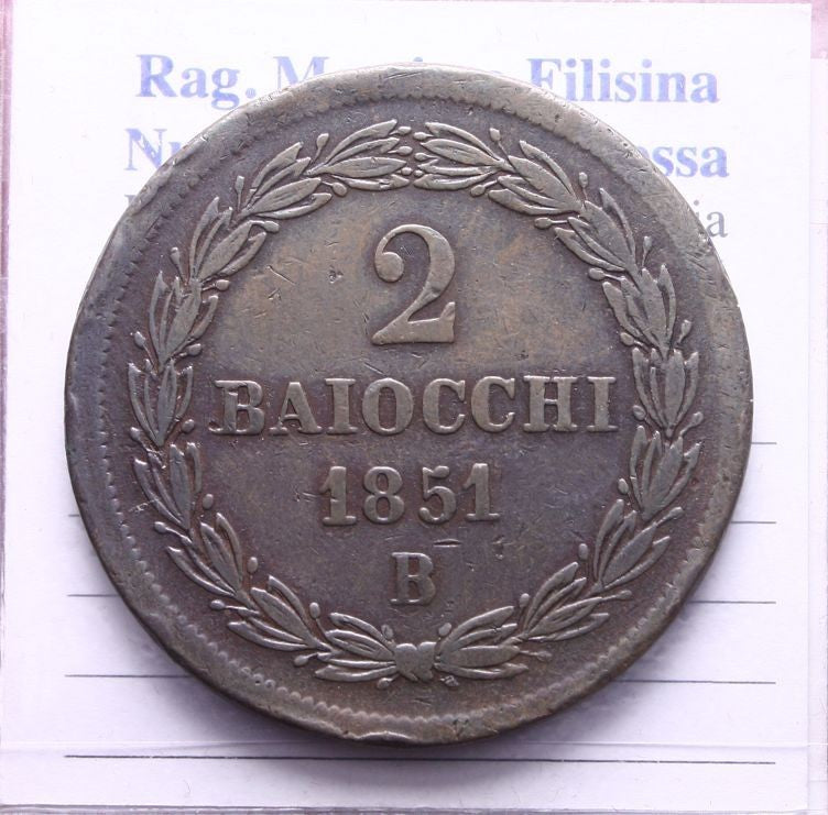 NL* STATO PONTIFICIO PAPA PIO IX 2 BAIOCCHI Rame 1851 ZECCA BOLOGNA RARO