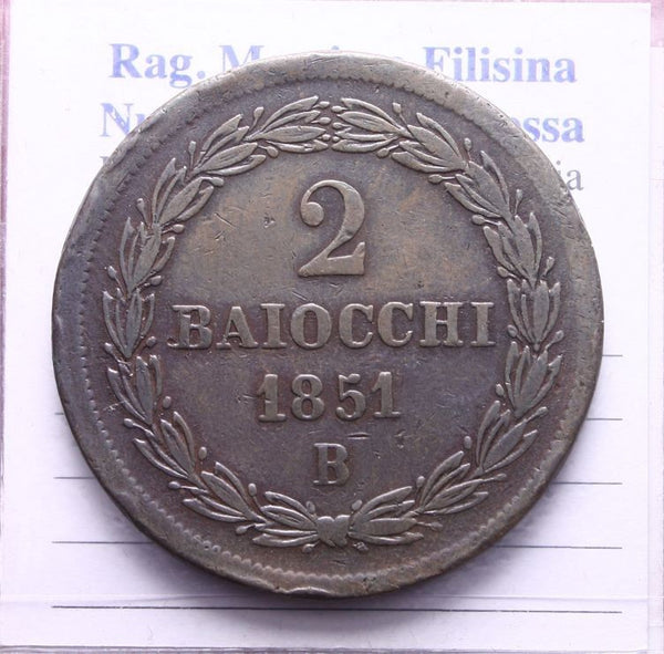 NL* STATO PONTIFICIO PAPA PIO IX 2 BAIOCCHI Rame 1851 ZECCA BOLOGNA RARO