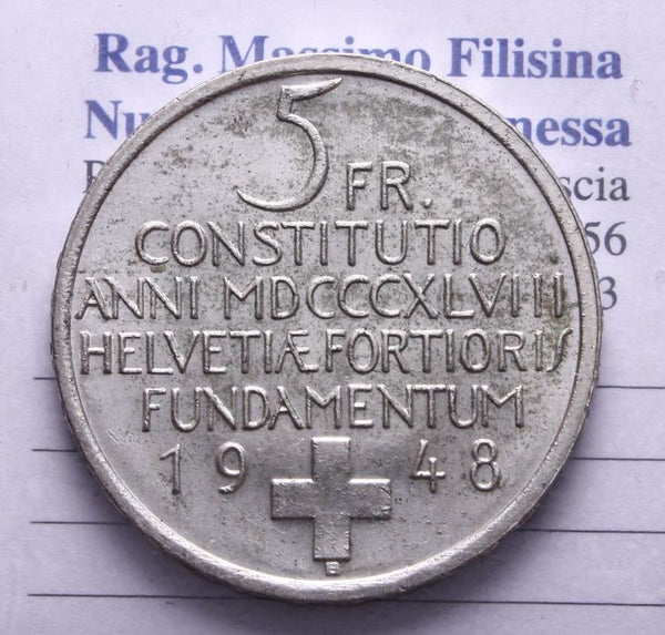 NL*SVIZZERA HELVETIA 5 FRANCHI ARGENTO 1948 B CENTENARIO Costituzione super TOP*