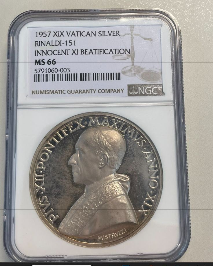 NL* VATICANO PAPA PIO XII Medaglia ARGENTO 1957 XIX in Slab MS66 NCG USA - FDC E