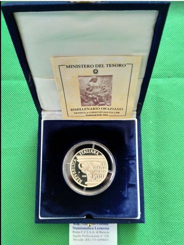 NL*ITALIA 500 Lire Argento 1993 BIMILLENARIO ORAZIANO PROOF SET Originale zecca