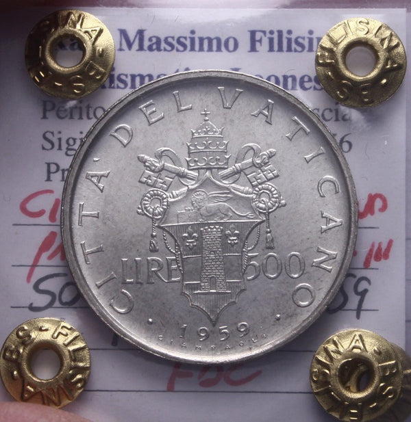 NL* Città del Vaticano GIOVANNI XXIII 500 Lire Argento 1959 FDC Perizia Filisina