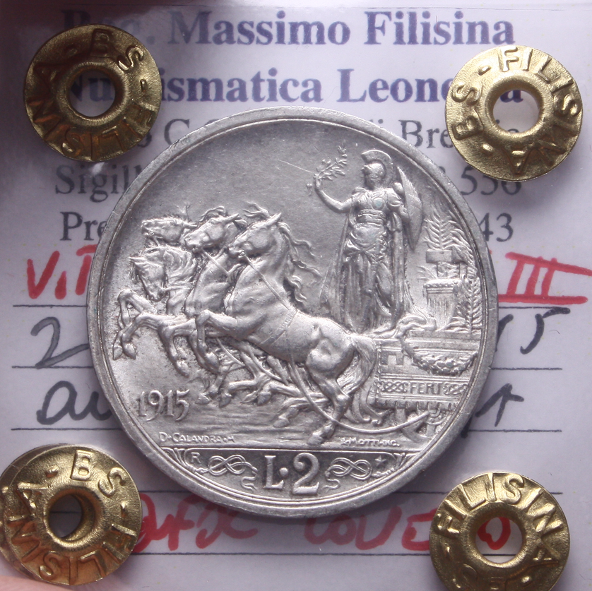 NL* VEIII Italia 2 LIRE AG. 1915 QUADRIGA BRIOSA QFDC COLPETTO Perizia Filisina