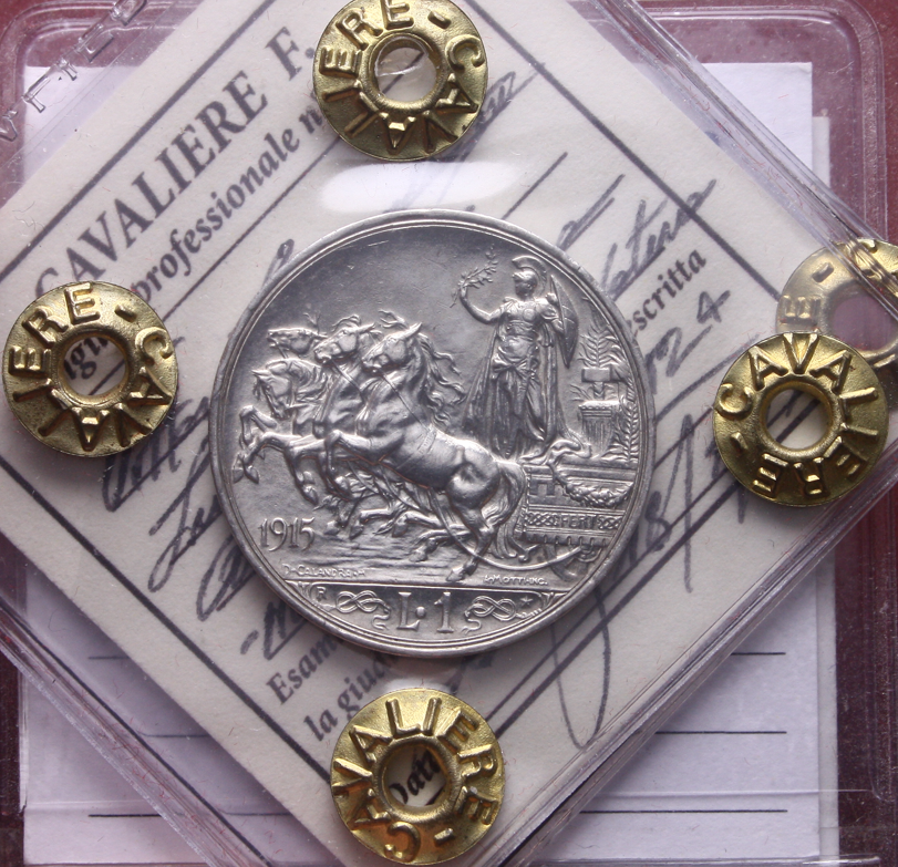NL* VEIII Italia 1 LIRA ARGENTO 1915 QUADRIOGA BRIOSA NC SPL+ Perizia Cavaliere