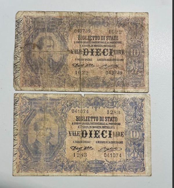 NL* UMBERTO I Lotto 2 PEZZI BIGLIETTO DI STATO da 10 LIRE 1283 - 1022 come foto