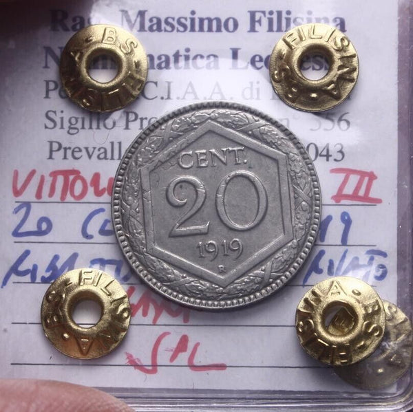 NL* VEIII Italy 20 CENTESIMI 1919 STRUCK OVER REEDED UNC Filisina Massimo Certified