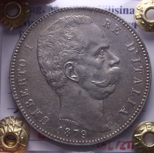 NL* UMBERTO I 5 Lire ARGENTO 1879 ROMA QSPL/SPL COLPETTI Perizia Filisina
