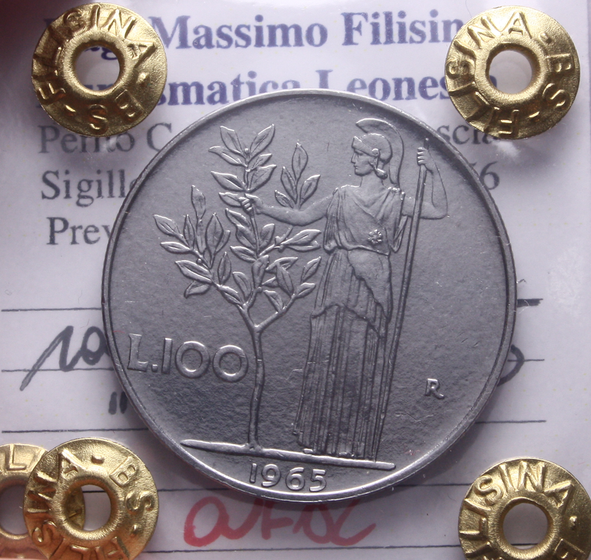 NL* Italia Repubblica 100 LIRE MINERVA 1965 QFDC Perizia Filisina Massimo