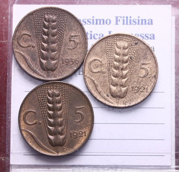 NL* VEIII Italia LOTTO 3 PEZZI  5 CENTESIMI SPIGA 1921 1921 E 1936 OTTIMI