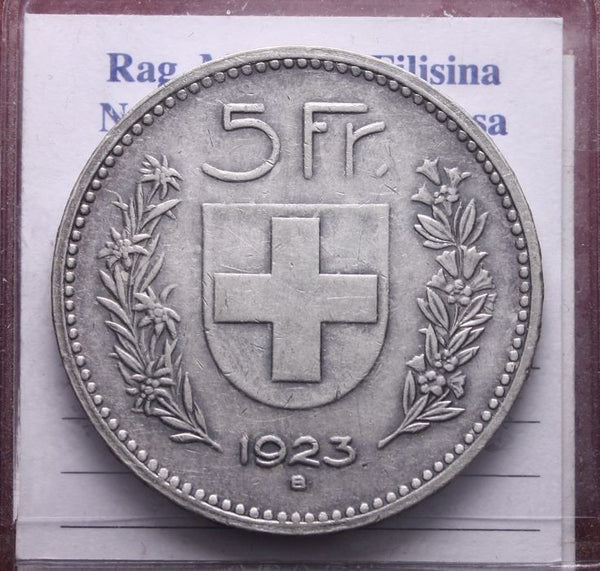 NL* SVIZZERA HELVETIA SUISSE 5 FRANCHI ARGENTO SILVER  1923 zecca di Berna