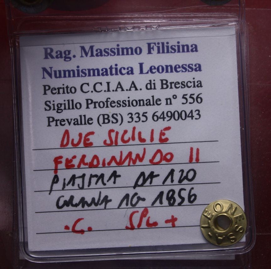 NL* NAPOLI FERDINANDO II Piastra 120 GRANA ARGENTO 1856 SPL+ Perizia Filisina M.