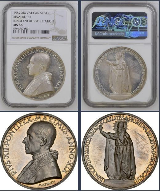 NL* VATICANO PAPA PIO XII Medaglia ARGENTO 1957 XIX in Slab MS66 NCG USA - FDC E