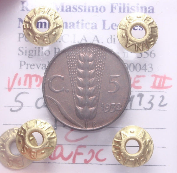 NL*VEIII Italia 5 CENTESIMI SPIGA 1932 QFDC Perizia Filisina Massimo