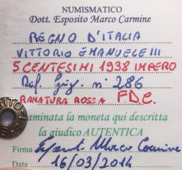 NL*VEIII 5 CENTESIMI RAME IMPERO 1938 XVI FDC RAME ROSSO Perizia Esposito Marco