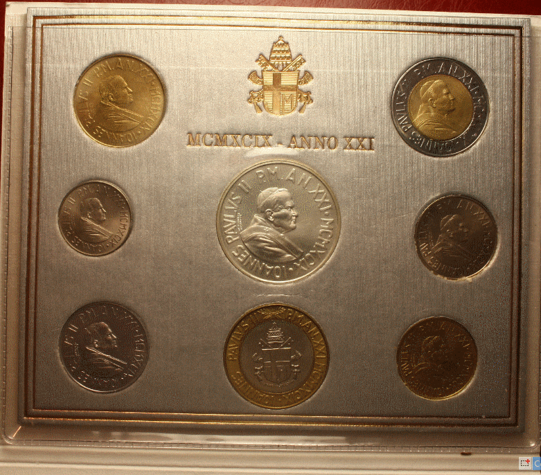 NL*VATICANO GIOVANNI PAOLO II Divisionale 1999 XXI 8 valori + 1000 Lire Argento