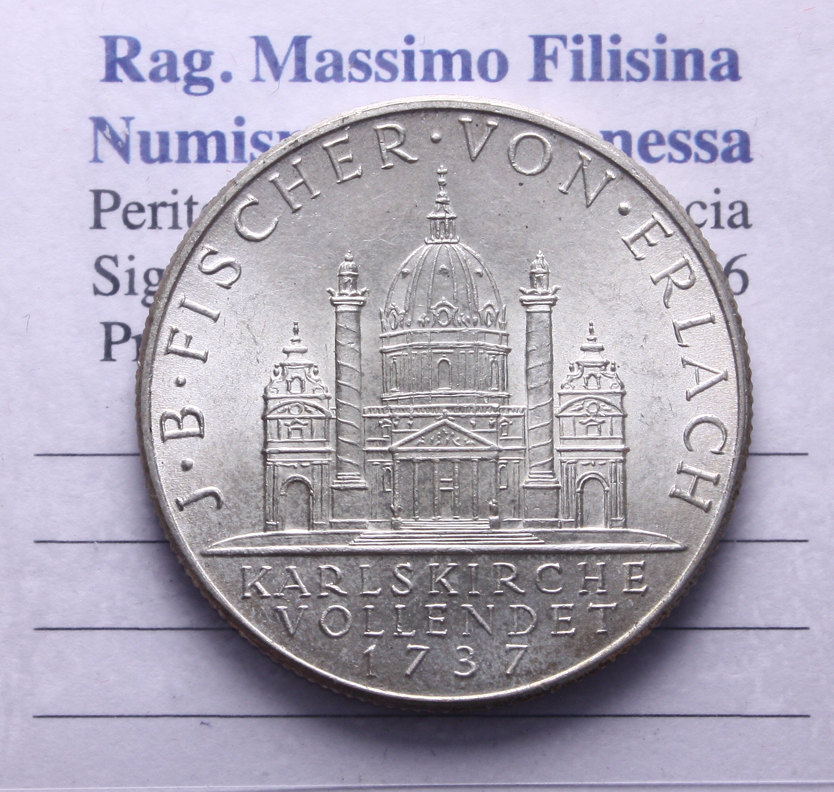 NL* AUSTRIA 2 SCHILLING Argento 1937 200° ANNIVERSARIO KARLSKIRCHE come da foto