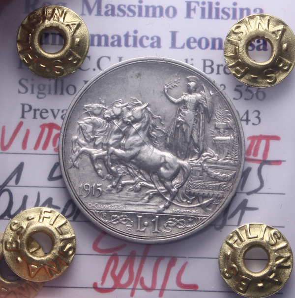 NL* VEIII Italia 1 LIRA ARGENTO 1915 QUADRIGA BRIOSA BB/SPL Perizia Filisina * 2