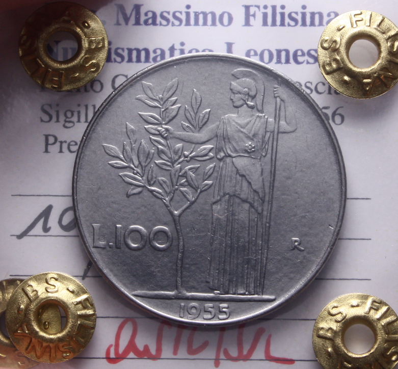 NL* Italia Repubblica 100 Lire MINERVA 1955 QSPL/SPL Perizia Filisina Massimo