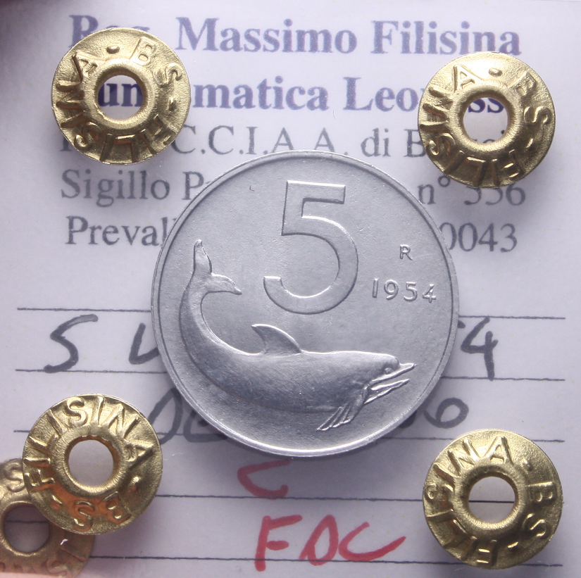 NL* Italia Repubblica 5 LIRE DELFINO 1954 FDC Perizia Filisina Massimo