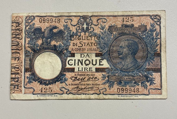 NL* VEIII BIGLIETTO DI STATO da 5 LIRE FLOREALE 8 Novembre 1904 RARA molto bella