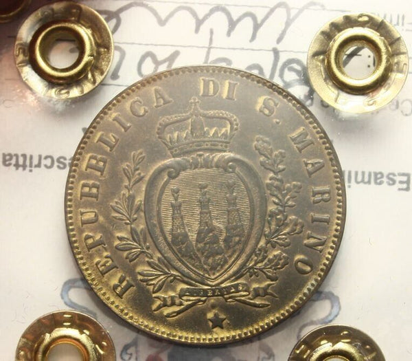 NL* SAN MARINO 5 copper cents 1869 MILAN QFDC/FDC Appraisal FILISINA Massimo