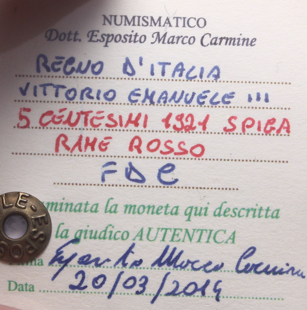 NL*VEIII Italia 5 CENTESIMI SPIGA 1921 FDC RAME ROSSO Perizia Esposito Marco