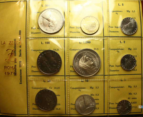 NL* ITALIA Divisionale 1970 con 500 e 1000 Lire in Argento FDC set Zecca