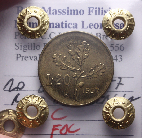 NL* Italia Repubblica 20 LIRE BRONZITAL 1957 FDC Perizia Filisina Massimo