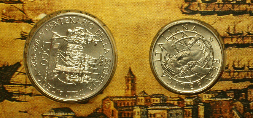 NL* ITALIA DITTICO 500 + 200 LIRE ARGENTO 1989 SCOPERTA America FDC Set zecca