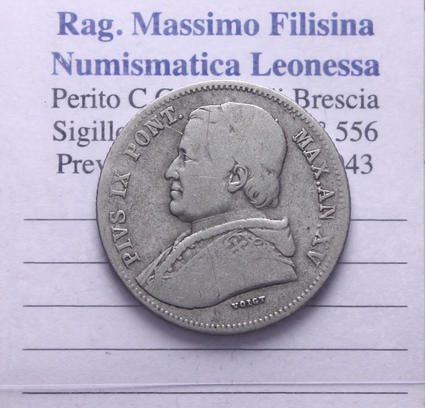 NL* STATO PONTIFICIO PAPA PIO IX 20 BAIOCCHI Argento 1860 XV ottima conservaz.