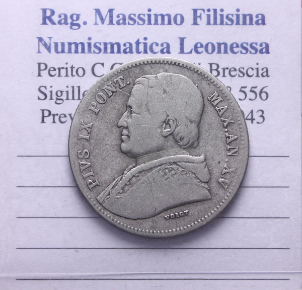 NL* STATO PONTIFICIO PAPA PIO IX 20 BAIOCCHI Argento 1860 XV ottima conservaz.