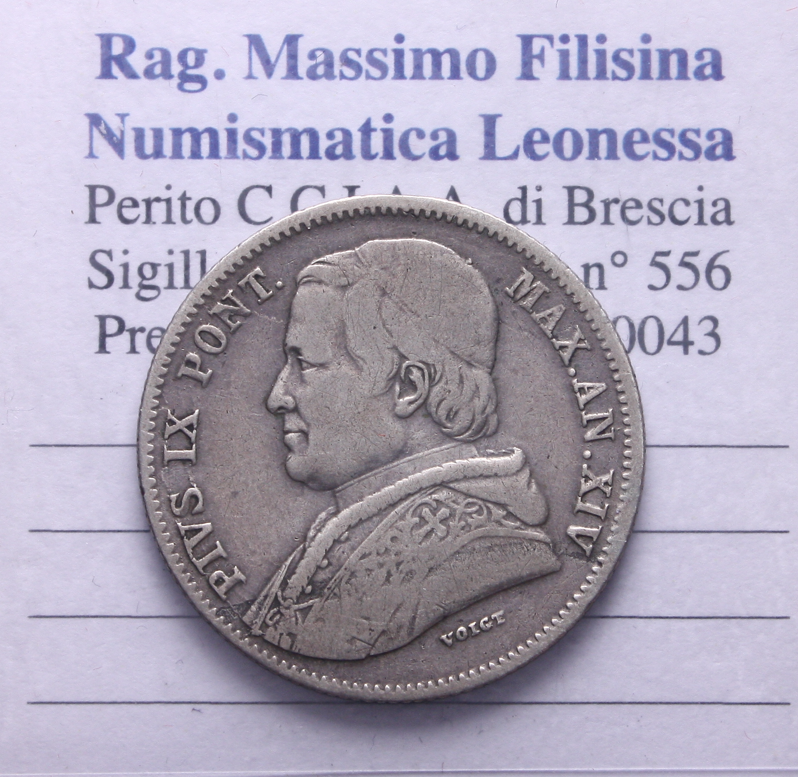 NL* STATO PONTIFICIO PAPA PIO IX 20 BAIOCCHI Argento 1860 XIV ottima conservaz.