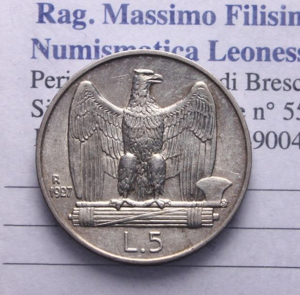 NL* VEIII 5 LIRE ARGENTO AQUILOTTO 1927 ** 2 Rosette ECCELLENTE CONSERVAZIONE