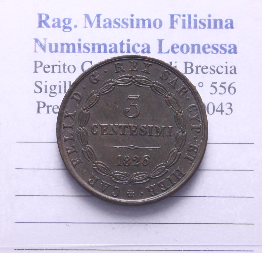 NL* SAVOIA CARLO FELICE 3 CENTESIMI Rame 1826 TORINO come da foto