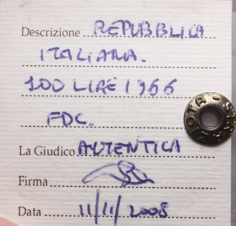 NL* Italia Repubblica 100 LIRE MINERVA 1966 FDC Perizia Straziota Michele