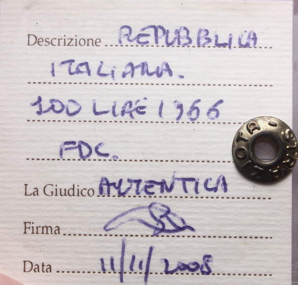 NL* Italia Repubblica 100 LIRE MINERVA 1966 FDC Perizia Straziota Michele