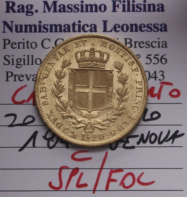 NL* SAVOIA CARLO ALBERTO 20 Lire ORO GOLD 1840 GenovaSPL/FDC Perizia Filisina M