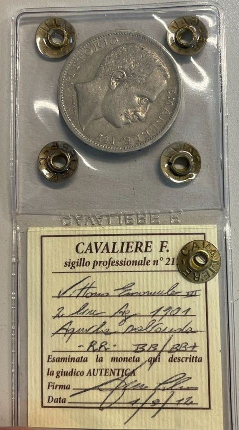 NL* VEIII 2 LIRE ARGENTO 1901 AQUILA Sabauda RR R2 BB/BB+ Perizia Cavaliere F.