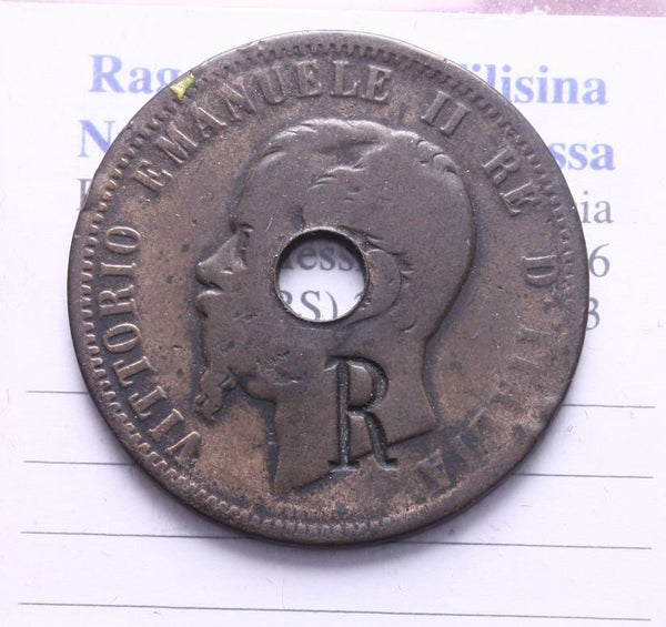 NL* VEII ITALIA 10 CENTESIMI RAME 1866 Napoli ALLEGORICA BUCATA con R vedi foto