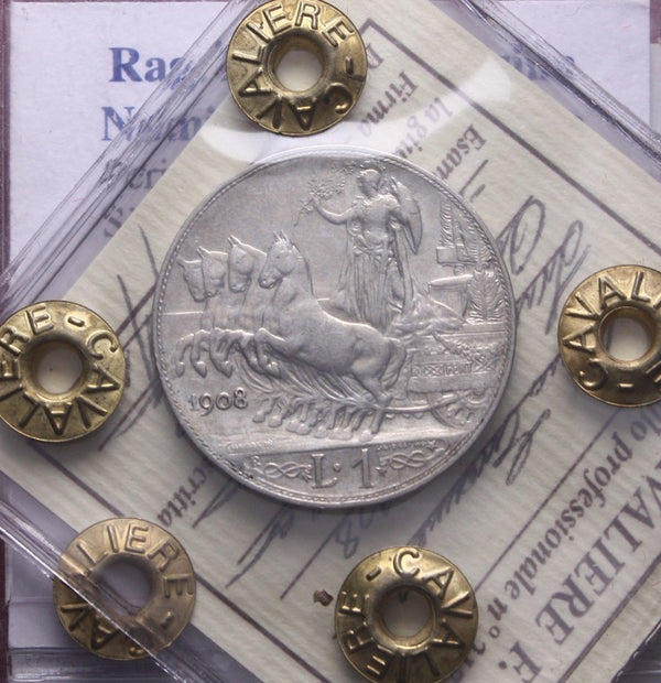 NL* VEIII 1 LIRA ARGENTO 1908 QUADRIOGA VELOCE RARA BB/SPL Perizia Cavaliere