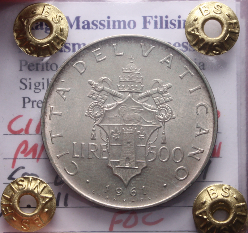 NL* Città del Vaticano GIOVANNI XXIII 500 Lire Argento 1961 FDC Perizia Filisina