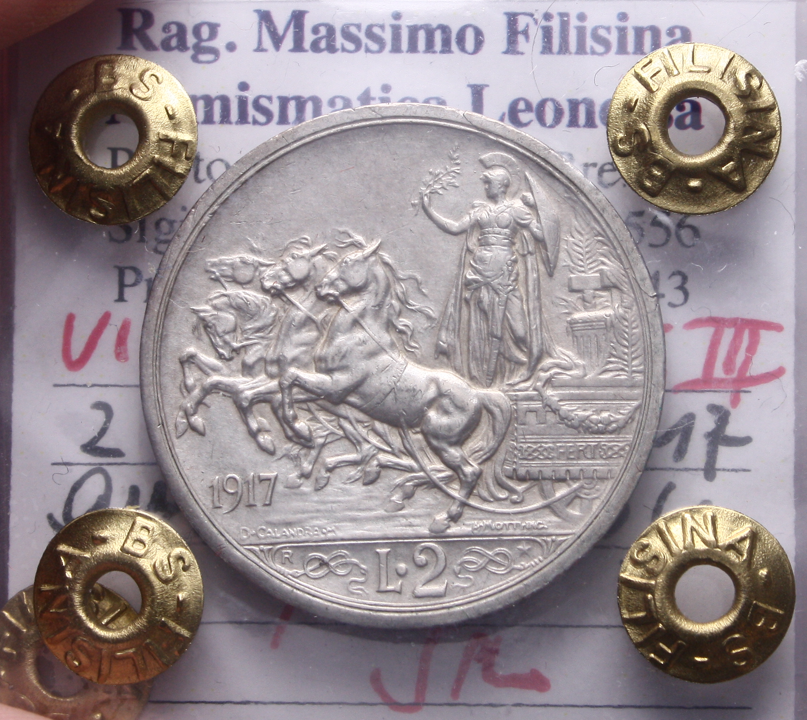 NL* VEIII Italia 2 LIRE ARGENTO 1917 QUADRIGA BRIOSA RARA SPL Perizia Filisina