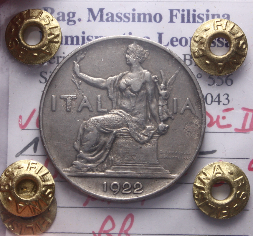 NL* VEIII ITALIA BUONO 1 LIRA 1922 ASSE SPOSTATO 30° RARA BB Perizia Filisina