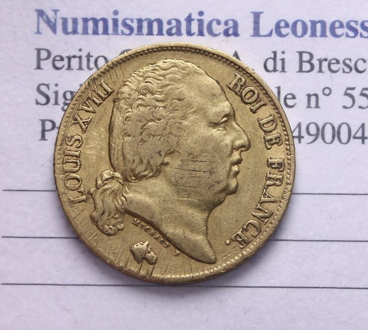 NL* FRANCIA RE LUIGI XVIII MARENGO 20 FRANCHI ORO GOLD 1819 W Zecca di LILLE