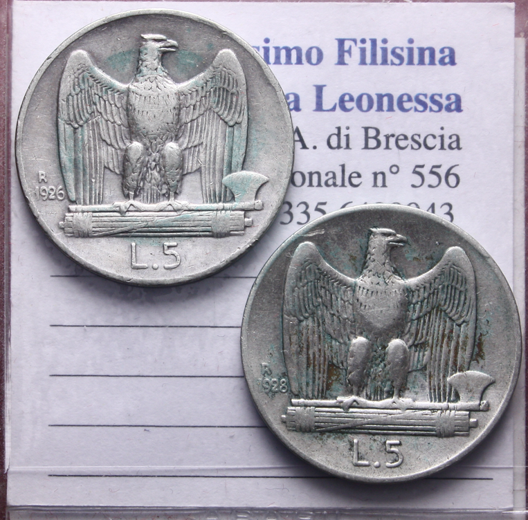 NL* VEIII Lotto 2 pezzi 5 LIRE Argento AQUILOTTO 1926 1928 * RARI come da foto