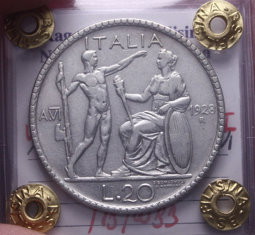 NL* VEIII 20 LIRE ARGENTO 1928 LITTORE RARO MB/Q.BB Perizia Filisina Massimo