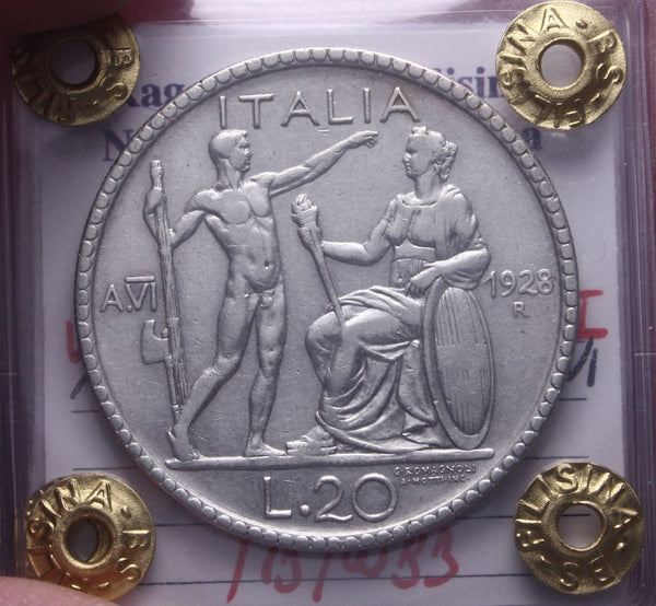 NL* VEIII 20 LIRE ARGENTO 1928 LITTORE RARO MB/Q.BB Perizia Filisina Massimo