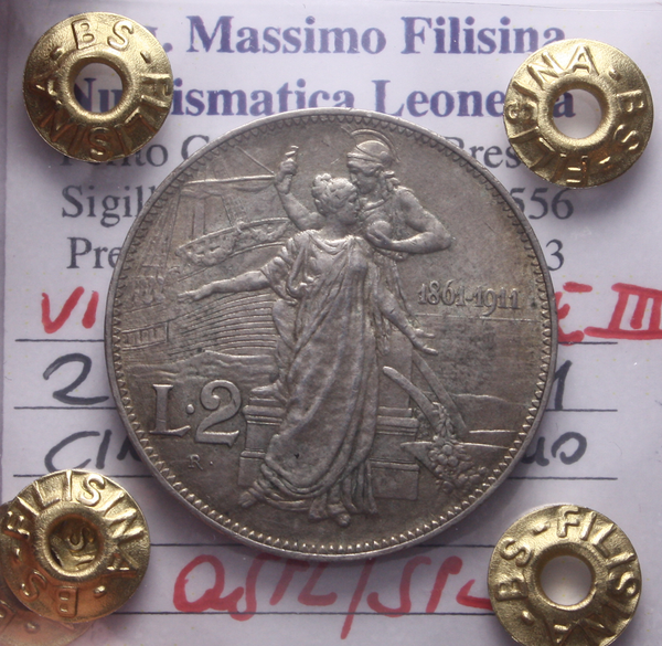 NL* VEIII 2 LIRE Argento 1911 CINQUANTENARIO QSPL/SPL Perizia Filisina Massimo