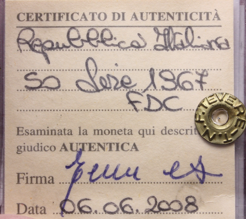 NL* ITALIA Repubblica 50 LIRE VULCANO 1967 FDC Perizia Tevere Emilio